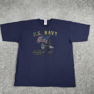 U.S. Navy Shirt Mens XL Blue Graphic Bald Eagle Flag Tee Made in USA Bayside